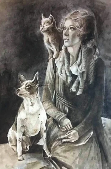 Tableau années folles femme et chien et chat