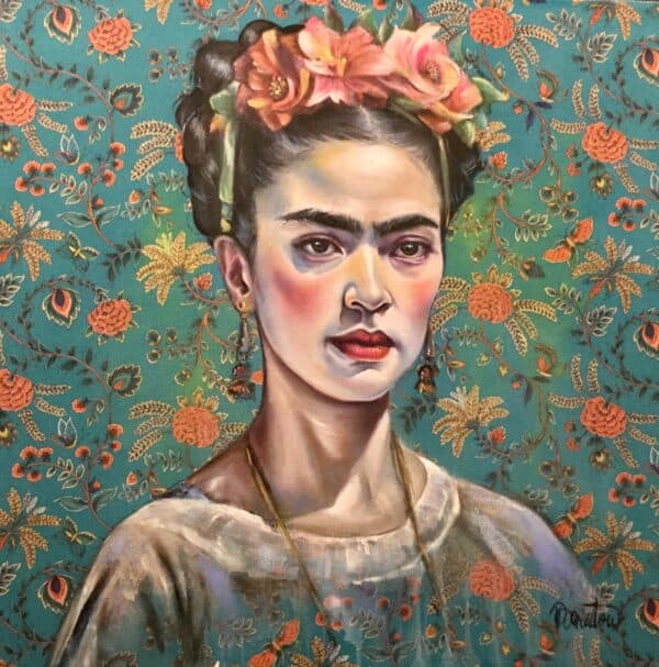 peinture Frida Kalho à l'huile avec tapisserie fleurie retro