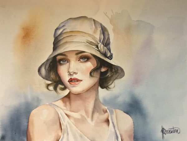 Année Folles aquarelle d'une femme avec un chapeau cloche pendant les années 20